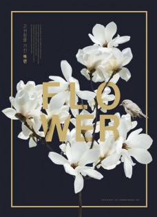 白色花韩系黑色白花边框海报设计