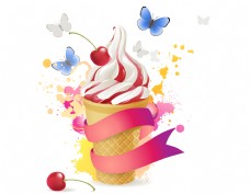 清新草莓冰淇淋元素
