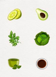茶绿色手绘6款食材设计元素