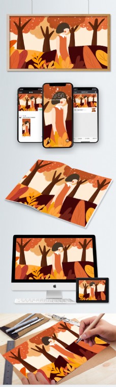 二十四节气立秋秋天枫叶红树林女孩手绘插画