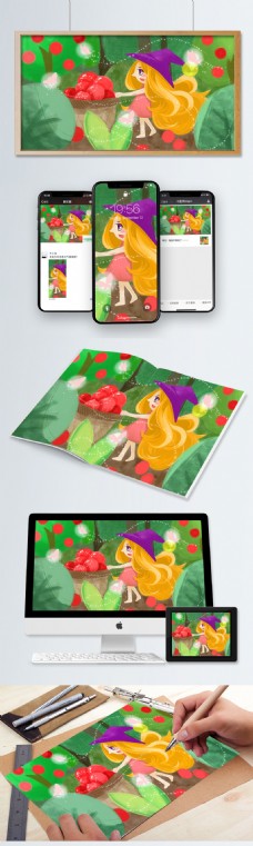 原创手绘插画森林里的小女巫和她的果子