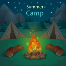 篝火手绘在夜晚的两个帐篷插画设计