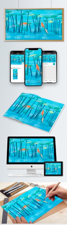 中国风荷塘跃出水面的锦鲤手绘海报壁纸插画