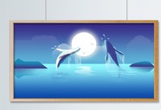 大海与鲸治愈系梦游仙境插画