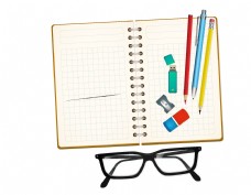 彩色铅笔记事本与眼镜矢量图