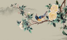 墙中花新中式手绘花鸟喜上眉梢背景墙