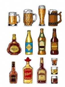 促销广告手绘各种各样的酒杯和酒瓶