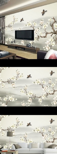 欧式花纹背景新中式手绘玉兰花鸟山水电视背景