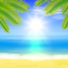 夏季沙滩大海棕榈树风景矢量图