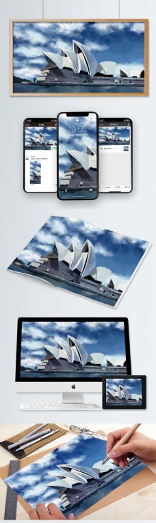 建筑风光手绘世界旅游日悉尼歌剧院风光建筑插画
