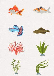 其他生物卡通彩色海底生物鱼海草珊瑚元素