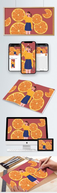 早安女孩水果橙色衣服的女孩早安系列插图