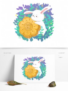 中秋节玉兔月饼可爱梦幻商业插画可爱卡哇伊兔子