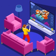休闲沙发矢量打游戏电脑游戏插画设计