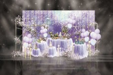 水彩效果紫色水彩简约线条婚礼甜品工装效果图