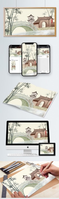 清代原创中国风清新简约插画古代建筑风景插画