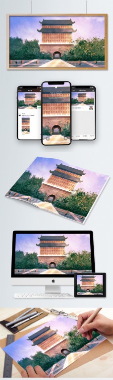 创意建筑简约创意古风建筑北京的城墙插画