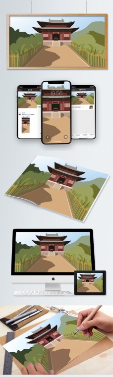 中国古建筑寺庙正殿矢量插画