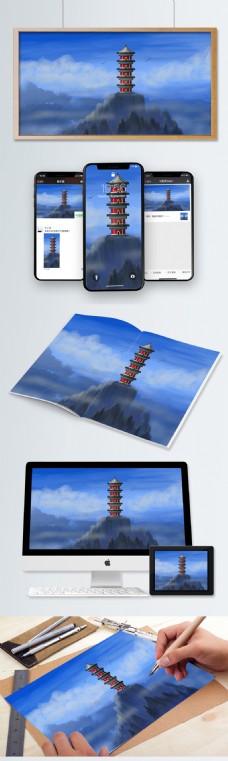 上海建筑中国风古风建筑云上玲珑仙境治愈插画海报