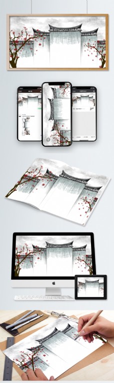手绘古城复古建筑中国古风梅花插图