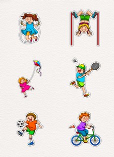 儿童玩耍6款彩色卡通开心玩耍的儿童人物贴纸设计