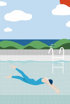 运动简约扁平游泳泳池海报