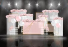 粉色柔和几何气球纱幔帷幕网格婚礼效果图