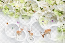 麋鹿花卉3D软包背景墙装饰画