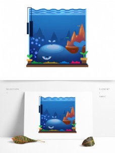 形色边框手绘蓝色方形海水鲸鱼鱼缸边框