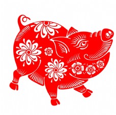 手绘猪年新年红色窗花剪纸设计