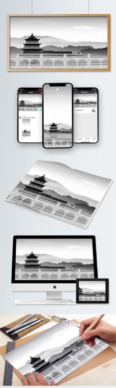 中国风水墨石湖景色手绘矢量插画
