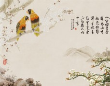 中堂画手绘新中式意境桃花背景墙