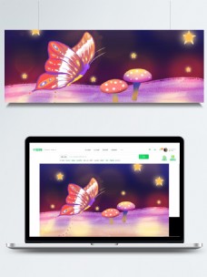 蝴蝶飞舞飞舞的蝴蝶彩色蘑菇星星卡通背景
