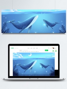 海洋鱼蓝色海洋中的嬉戏的两只鲸鱼卡通背景