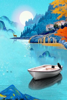 传统节气蓝色寒露节气湖面远山船只海报背景素材