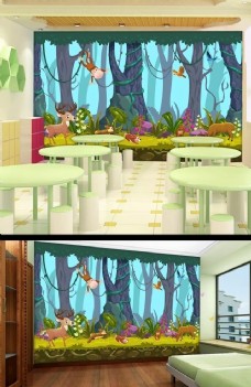卡通手绘森林动物背景墙